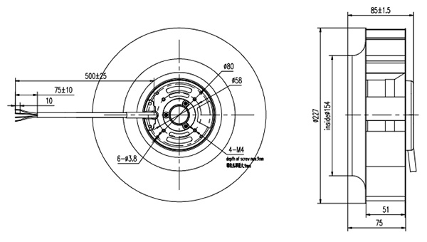 DC離心風(fēng)機(jī)225mm外形尺寸圖